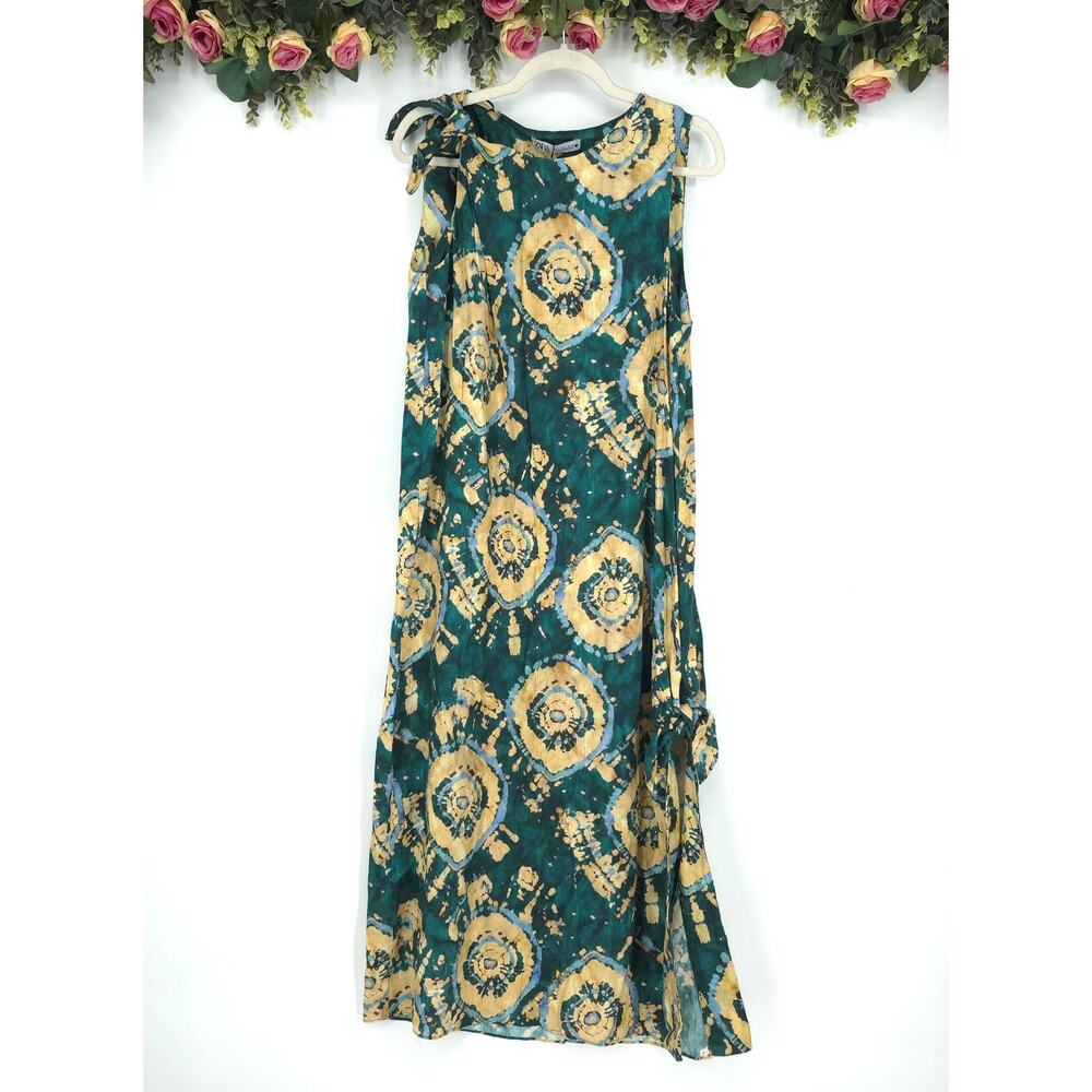 Zara Green Tie-Dye Linen Blend Dress Size Large NWT Style 7728